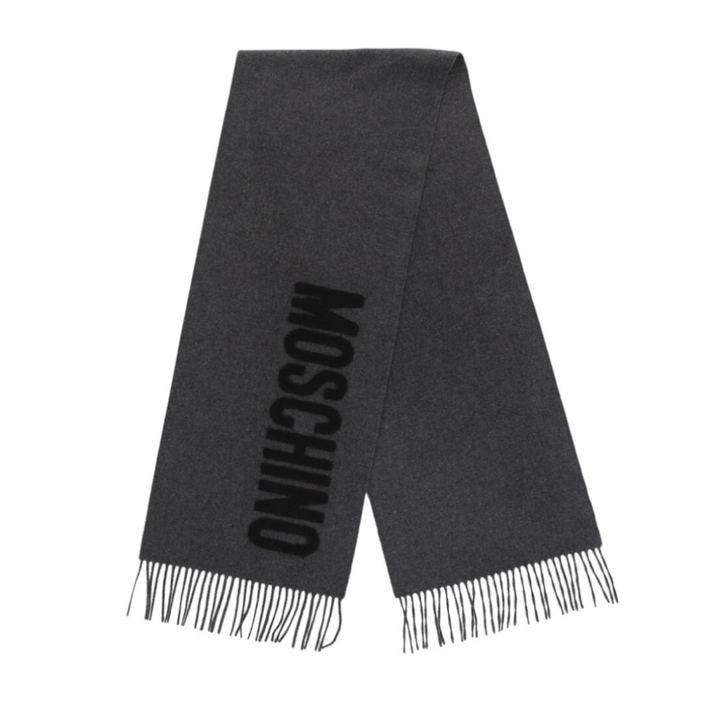 Moschino merino wool logo fringe scarf grey with black letters NWT